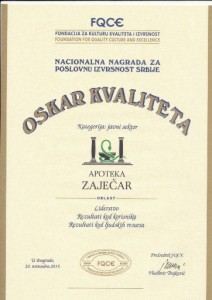 Apoteci „Zaječar“ nacionalna nagrada „Oskar kvaliteta“